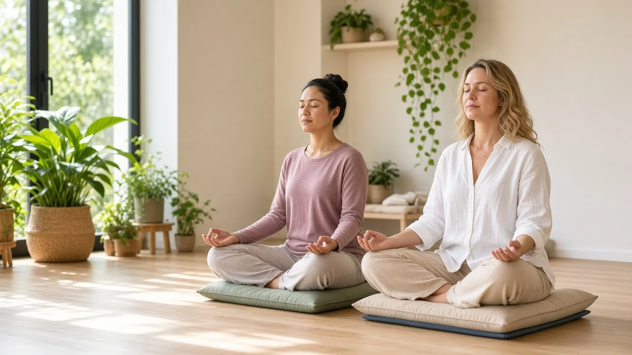 A mindfulness instructor and a participant sit on cushions in a sunny studio.