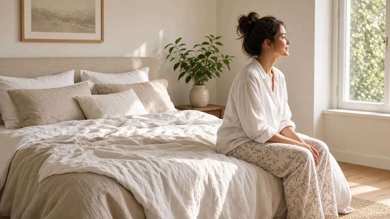 A person sits peacefully on a bed in a sunlit bedroom with linen sheets and a plant.