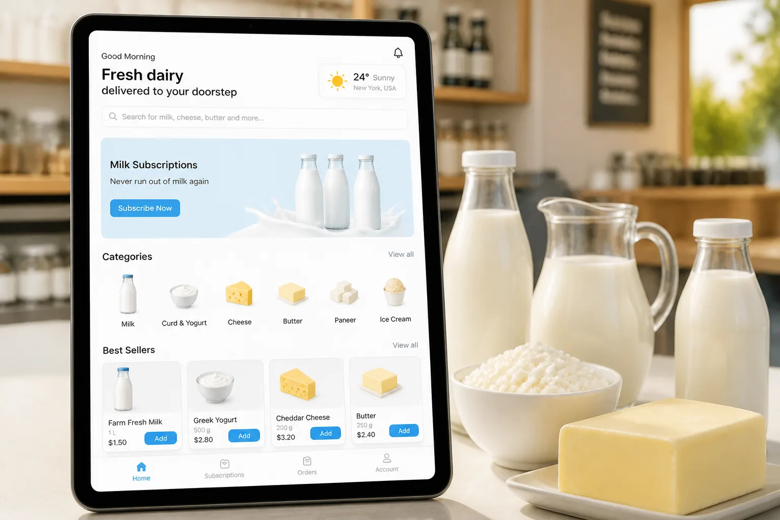Dairy store app with milk subscriptions, catalogs, and loyalty tools