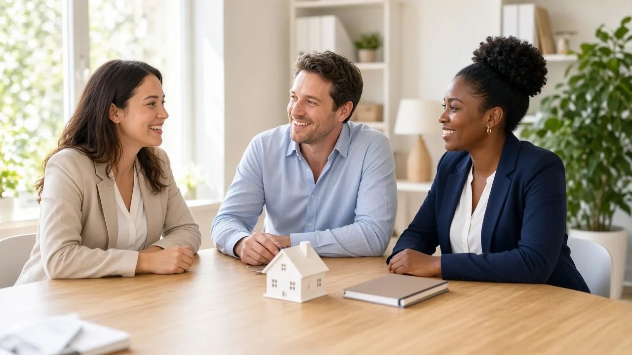Three colleagues talk around a sunny table with a small house model and a closed notebook.