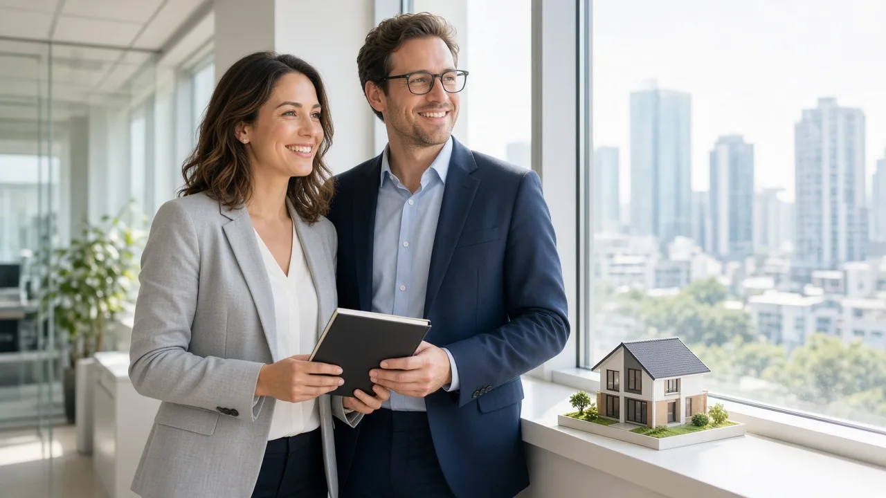 Two professionals stand by a sunny window with a closed notebook and a small house model.