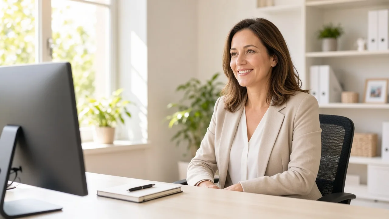 An office manager sits at a light desk with a monitor facing away and a closed notebook.