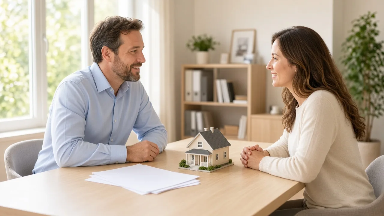 A borrower talks with an advisor while blank papers lie face down beside a small house model.