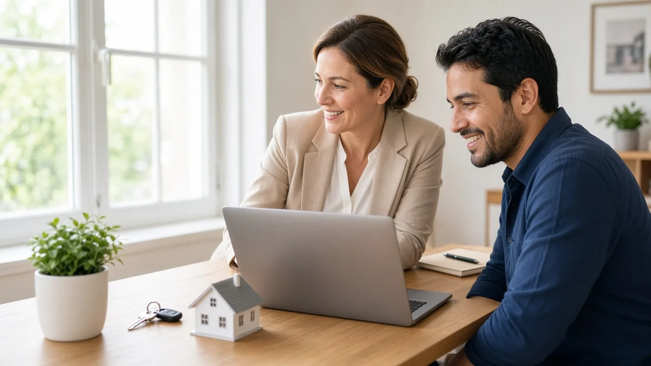 An advisor and a borrower look toward a laptop facing away, with a house model and keys on the desk.