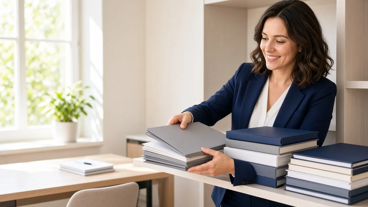 A professional organizes closed blank folders on a shelf in a sunny office.