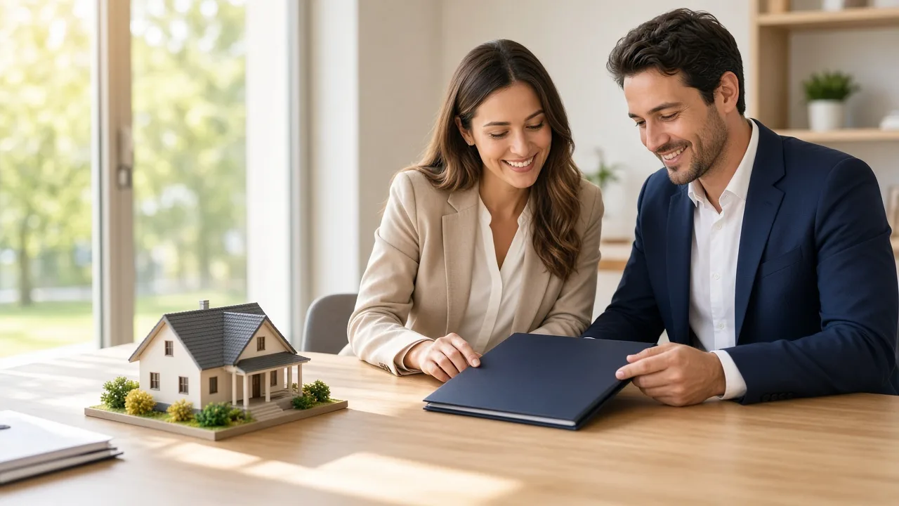 Two lending professionals review a closed folder at a sunny desk beside a small house model.