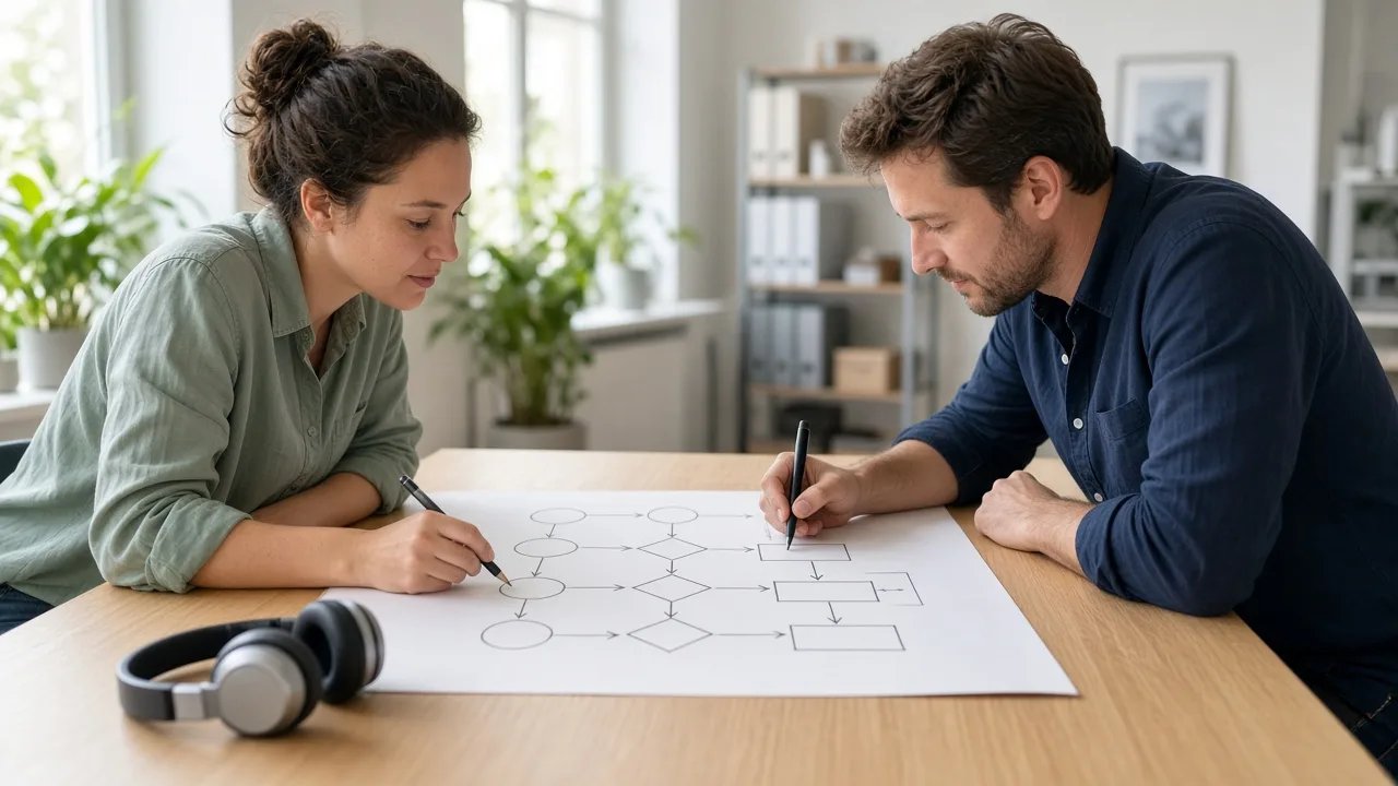 Two colleagues sketching an unlabeled flowchart with plain headphones on the table.