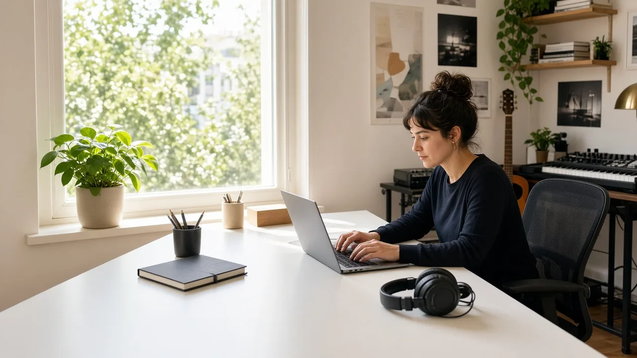 A coordinator at a laptop with the screen turned away, and headphones on the desk.
