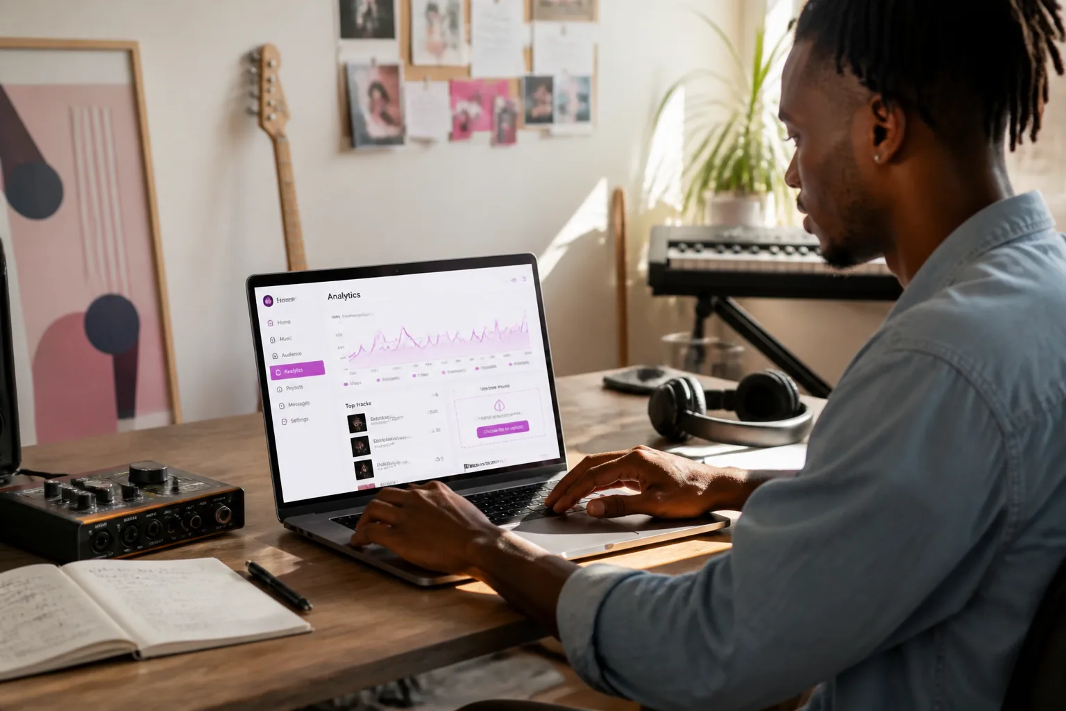 Artist and creator platform with music uploads, album management, and streaming performance analytics