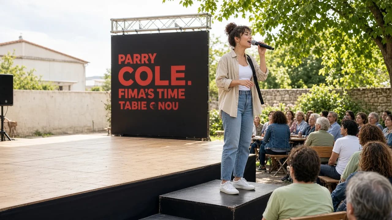A singer performing on a bright small stage for a seated audience.