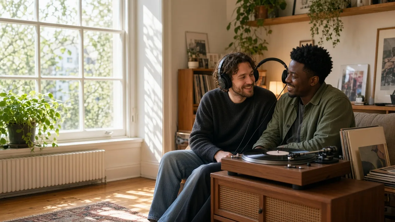 Two friends sharing headphones beside a turntable in a bright room.