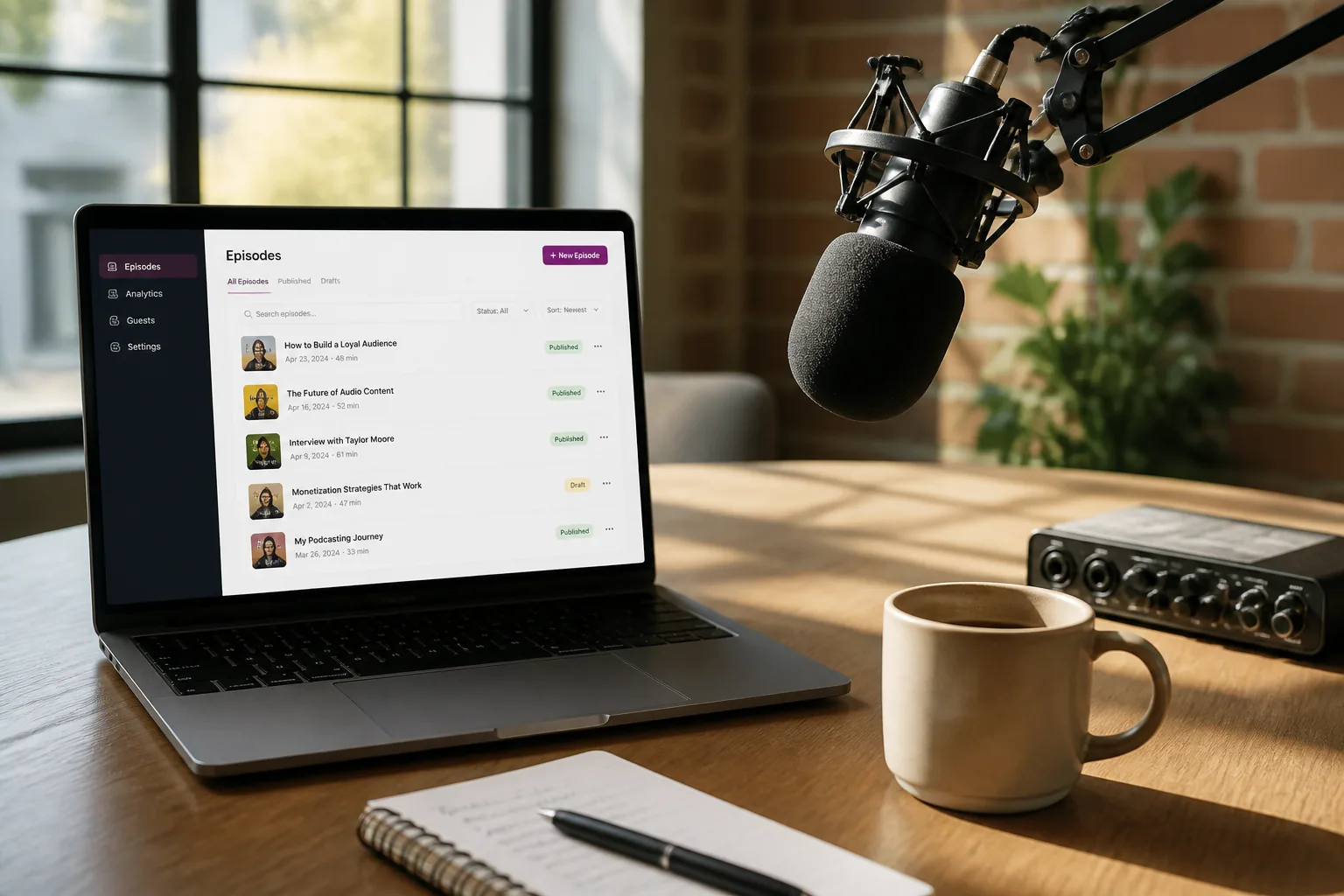 Podcast streaming platform with episode management, subscriptions, downloads, and creator dashboards