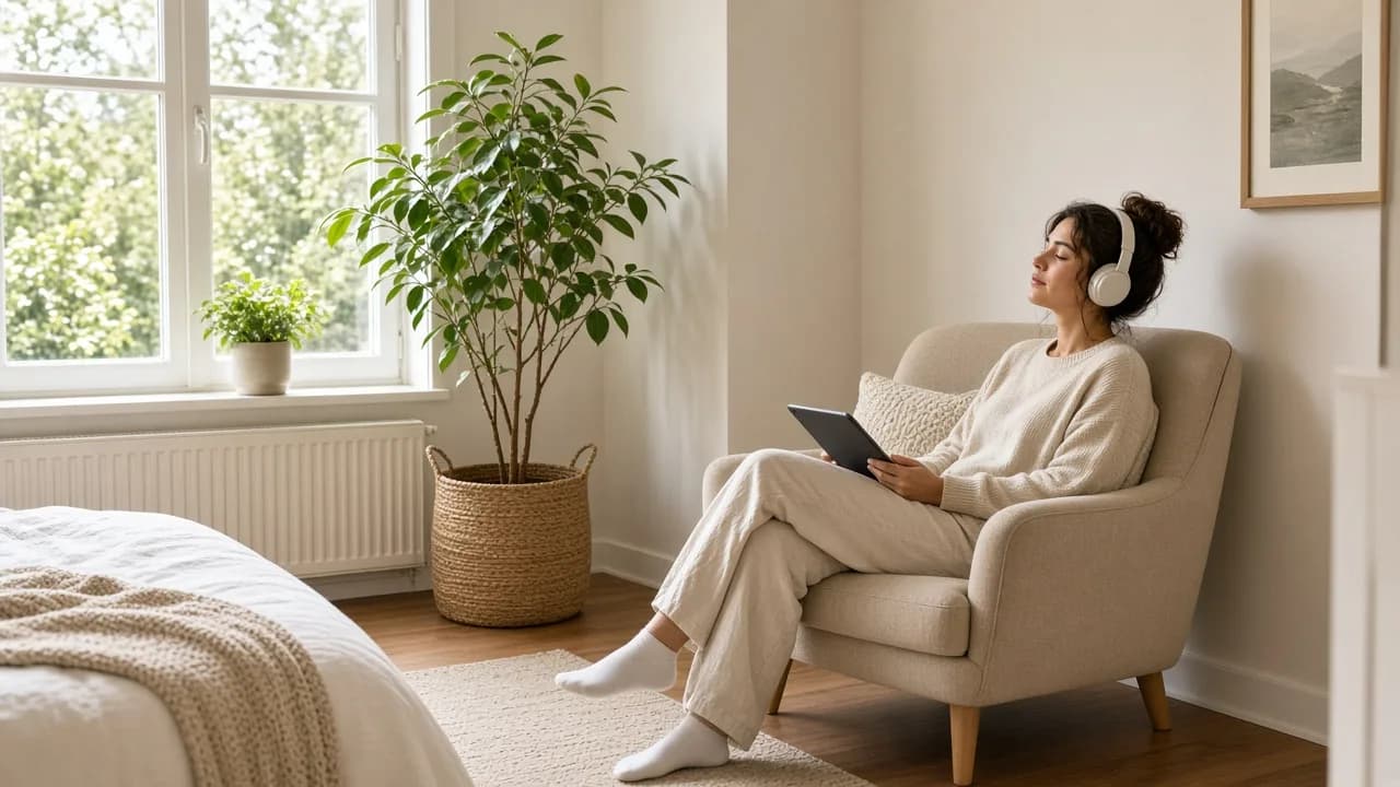 A person relaxing in a bright chair with plain headphones and a tablet face down.