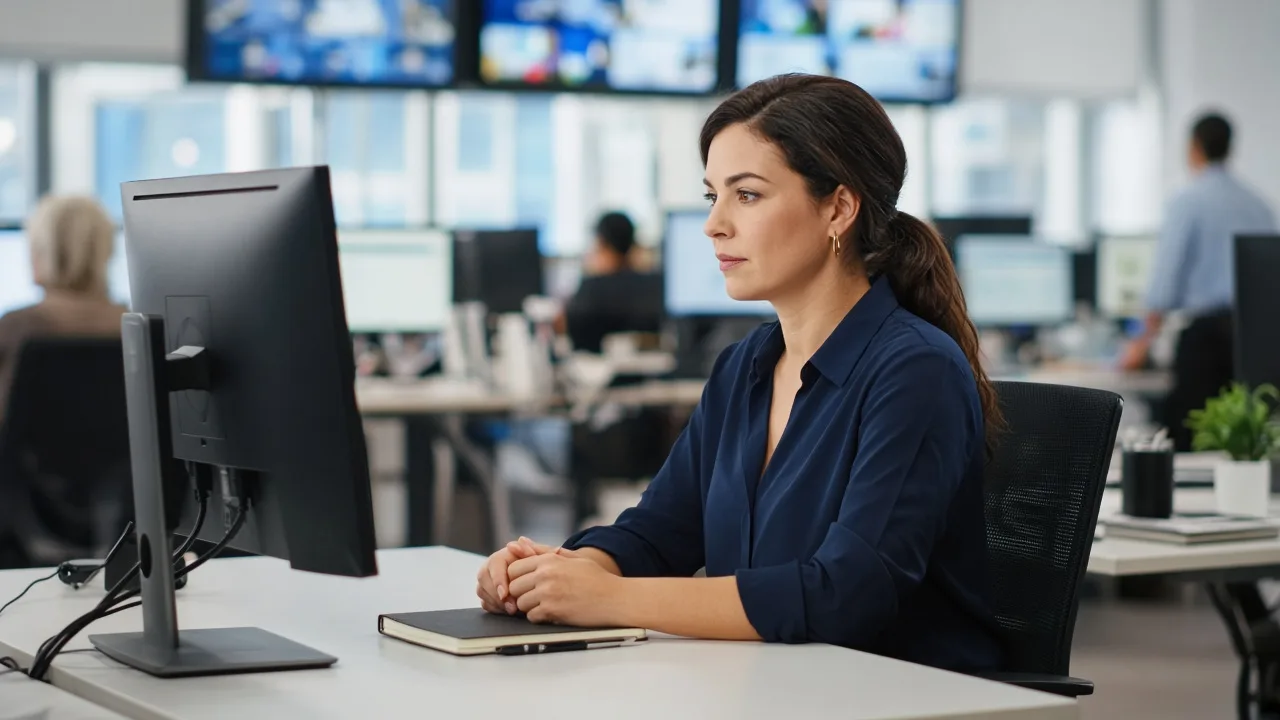 A coordinator sits at a light newsroom desk with a monitor facing away and a closed notebook.