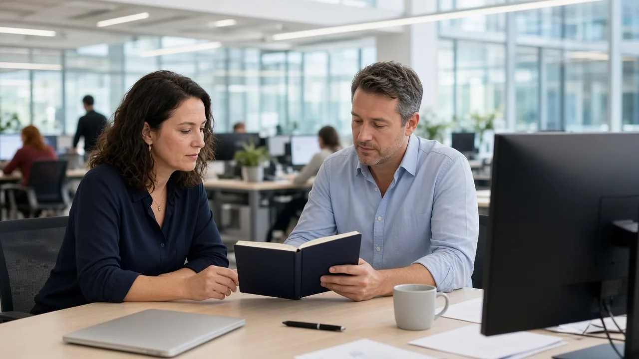 An editor and a journalist review a closed notebook in a bright newsroom.