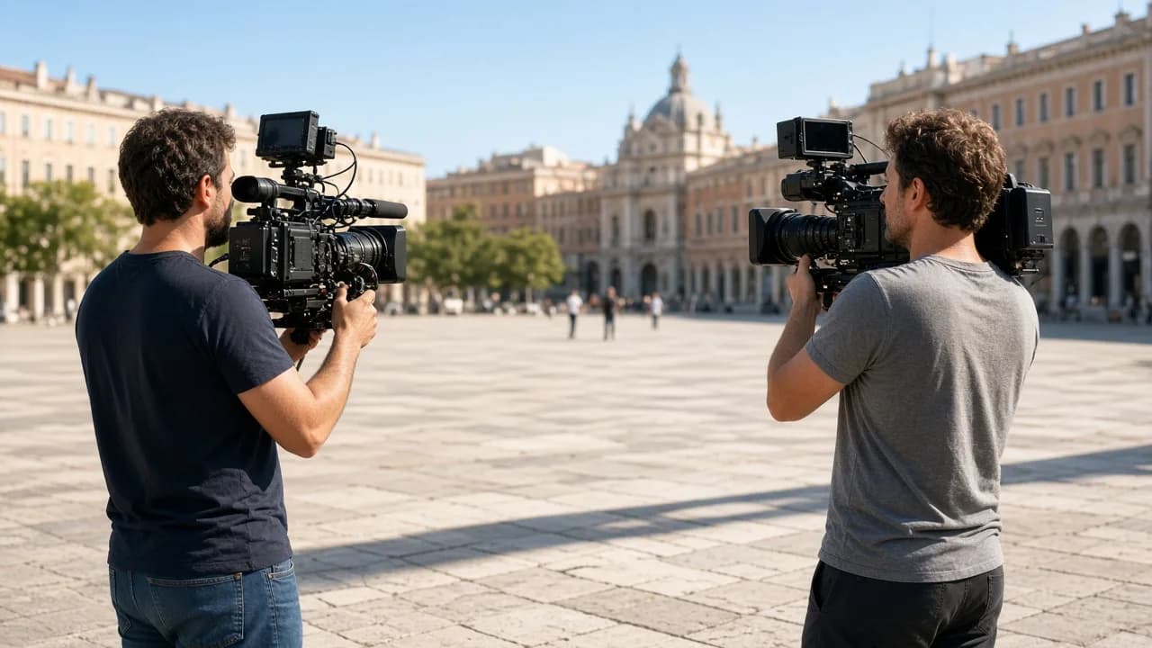 Two camera operators stand in a sunny open plaza with professional cameras.