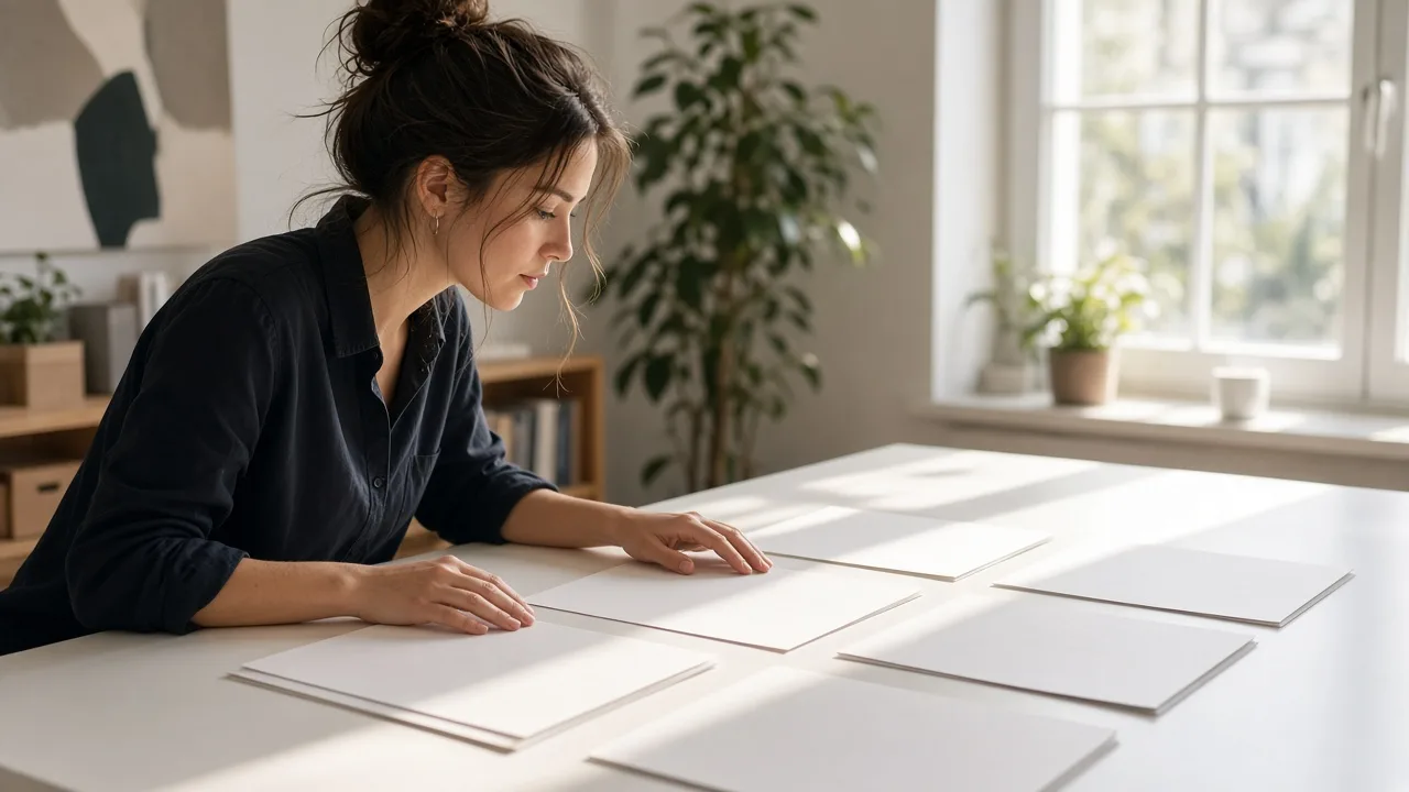 A designer looks at large photo prints laid face down on a white table in a sunny studio.