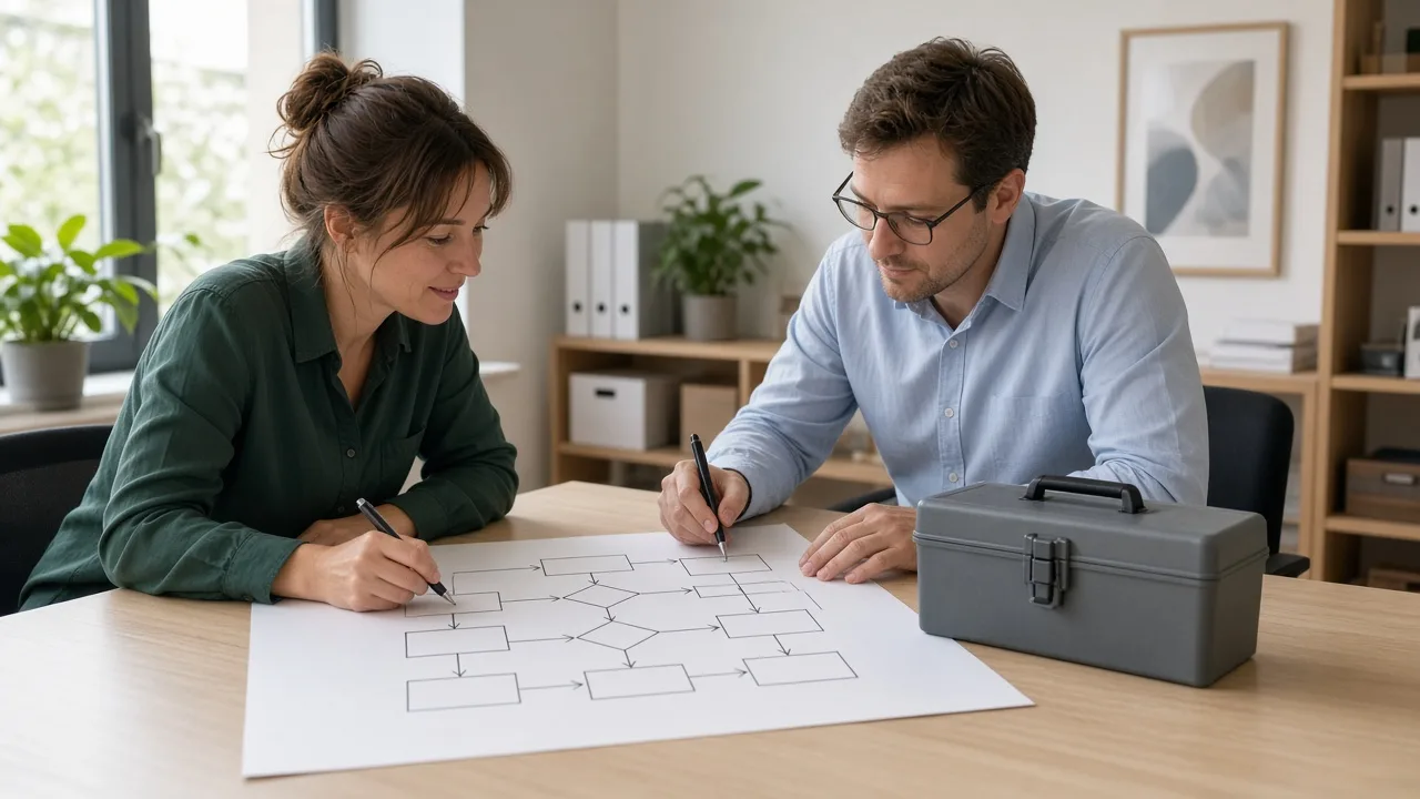 Two colleagues sketching an unlabeled flowchart with a plain toolbox on the table.