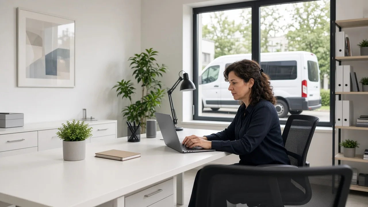 A coordinator at a laptop with the screen turned away, and a service van visible through the window.