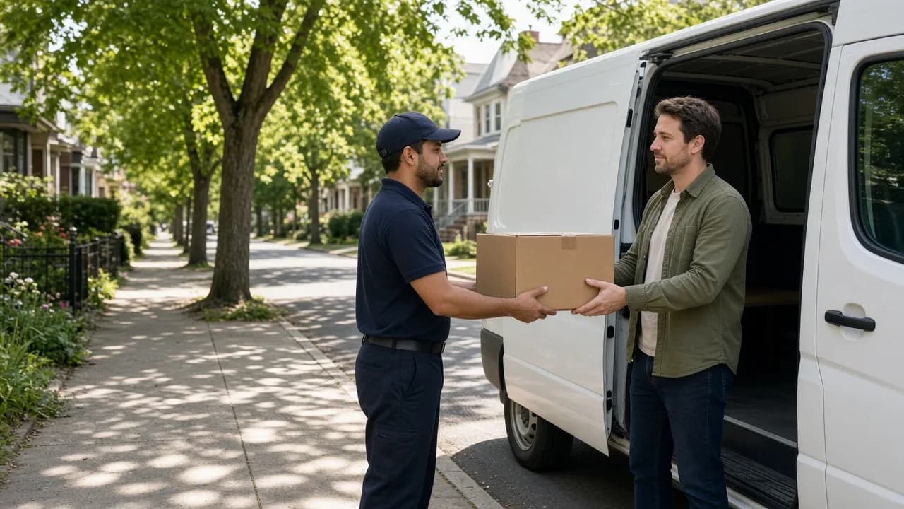 A courier handing a plain sealed box to a customer beside an unbranded van.