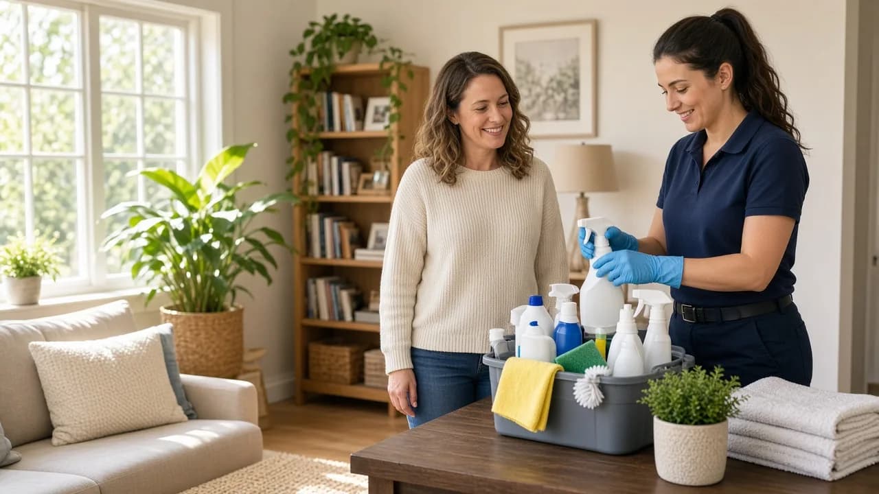 A home service professional and a homeowner in a bright living room with cleaning supplies.