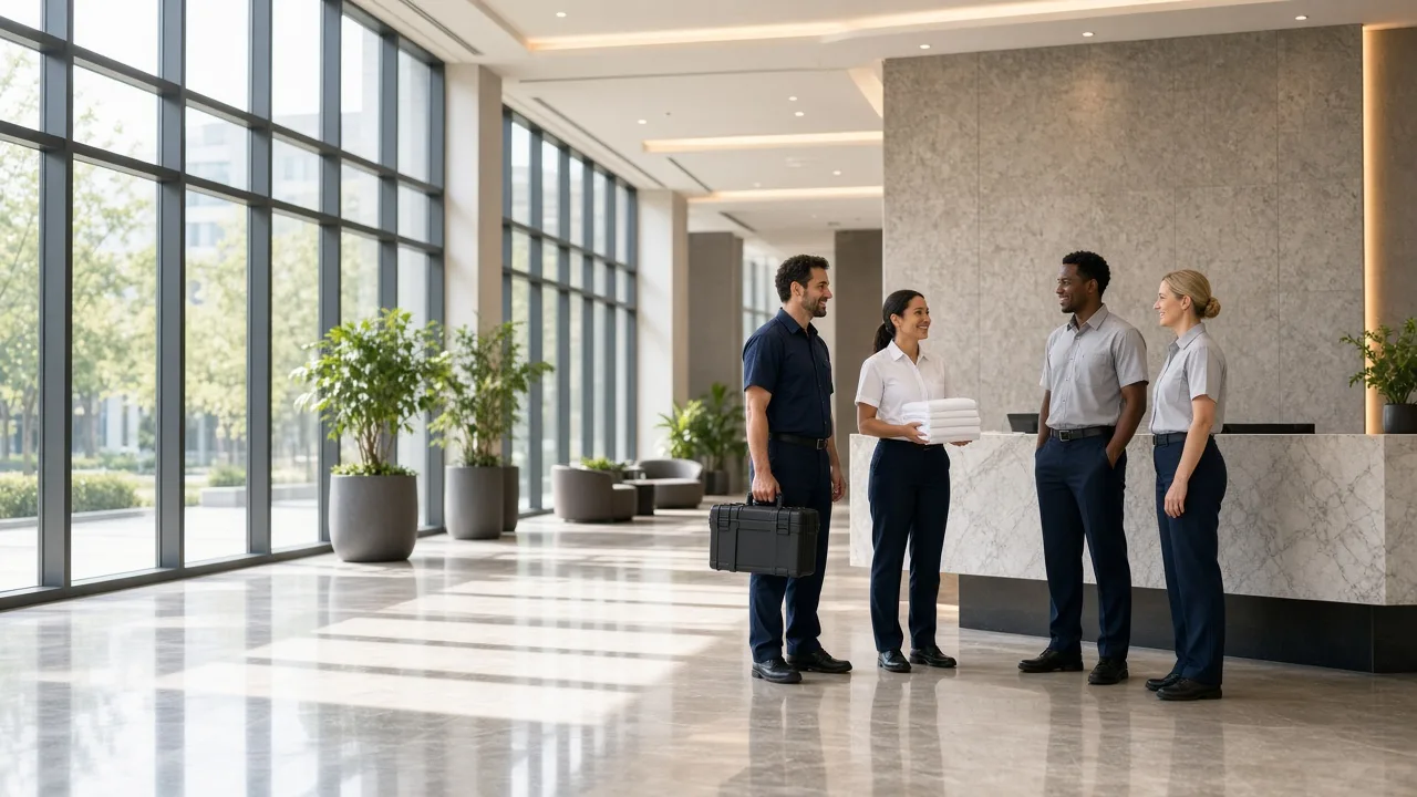 Four service professionals talking together in a bright lobby.