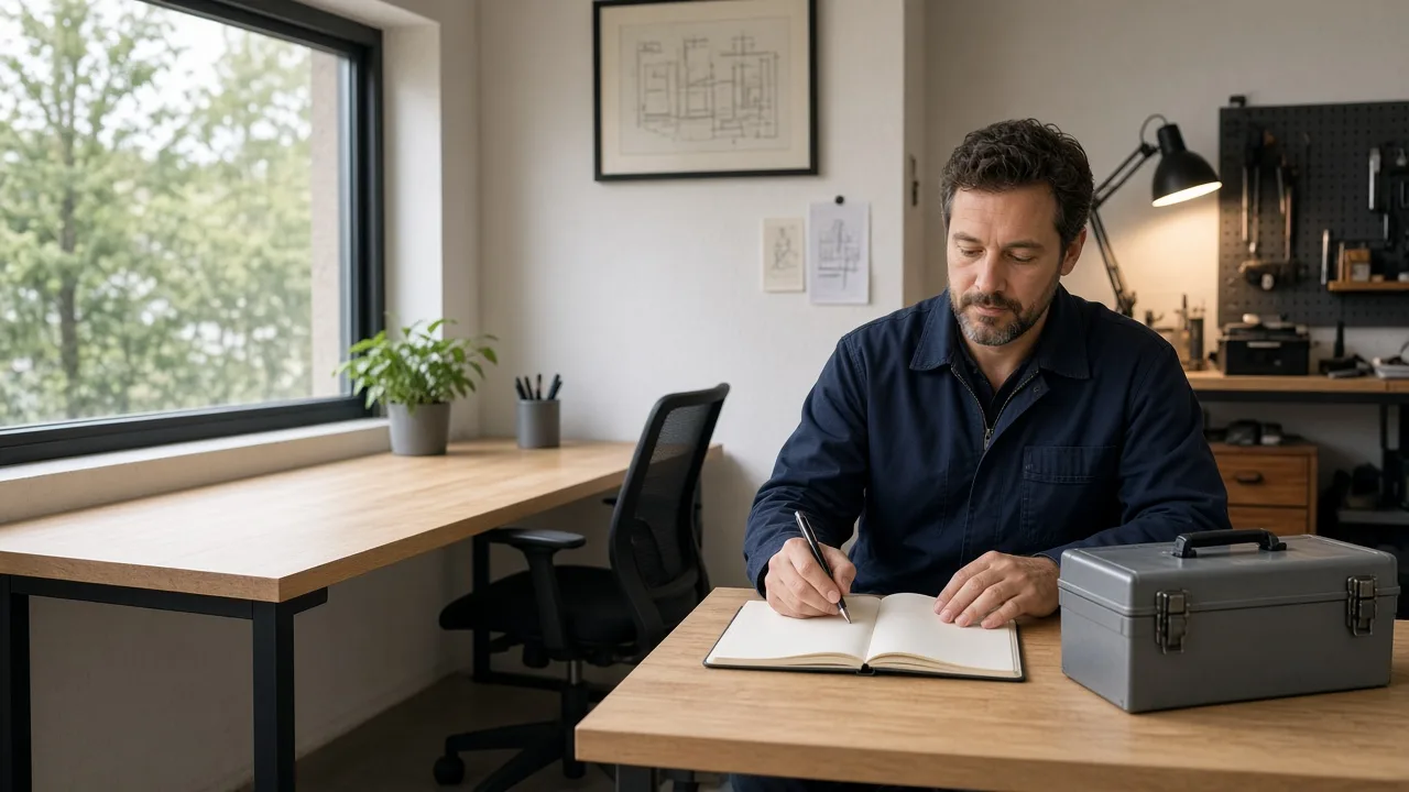 A service provider reviewing a blank notebook beside a plain toolbox.