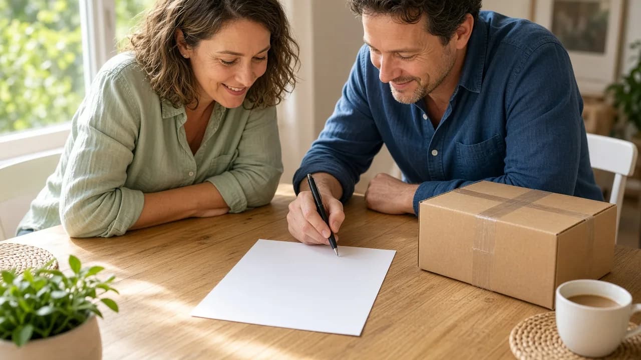 Two adults plan over a blank sheet at a sunny table beside a sealed box.