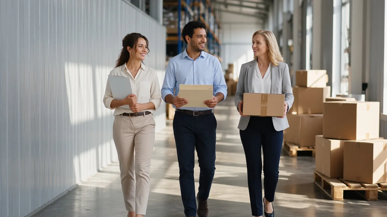 Three colleagues walk a sunny warehouse corridor with blank folders and sealed boxes.