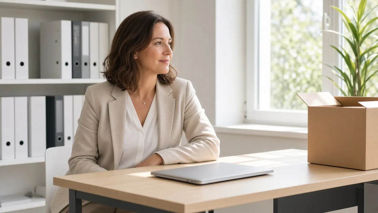 An administrator sits at a sunlit desk with a closed laptop and plain binders, with a moving box nearby.