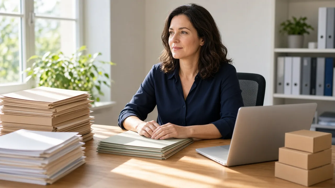 A moving operations manager sits at a sunlit desk with unlabeled folders, a closed laptop, and blank boxes.