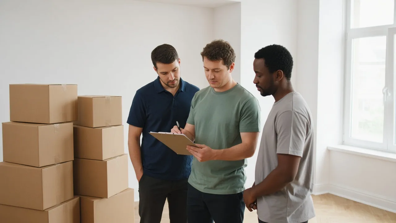 Three movers review a blank clipboard beside stacked unlabeled boxes.