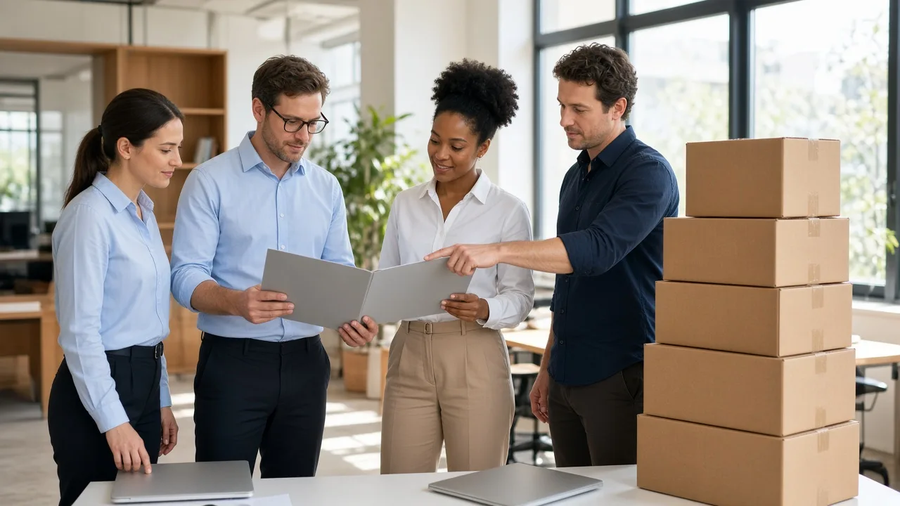 Four moving professionals review blank folders beside sealed boxes in a sunny office.