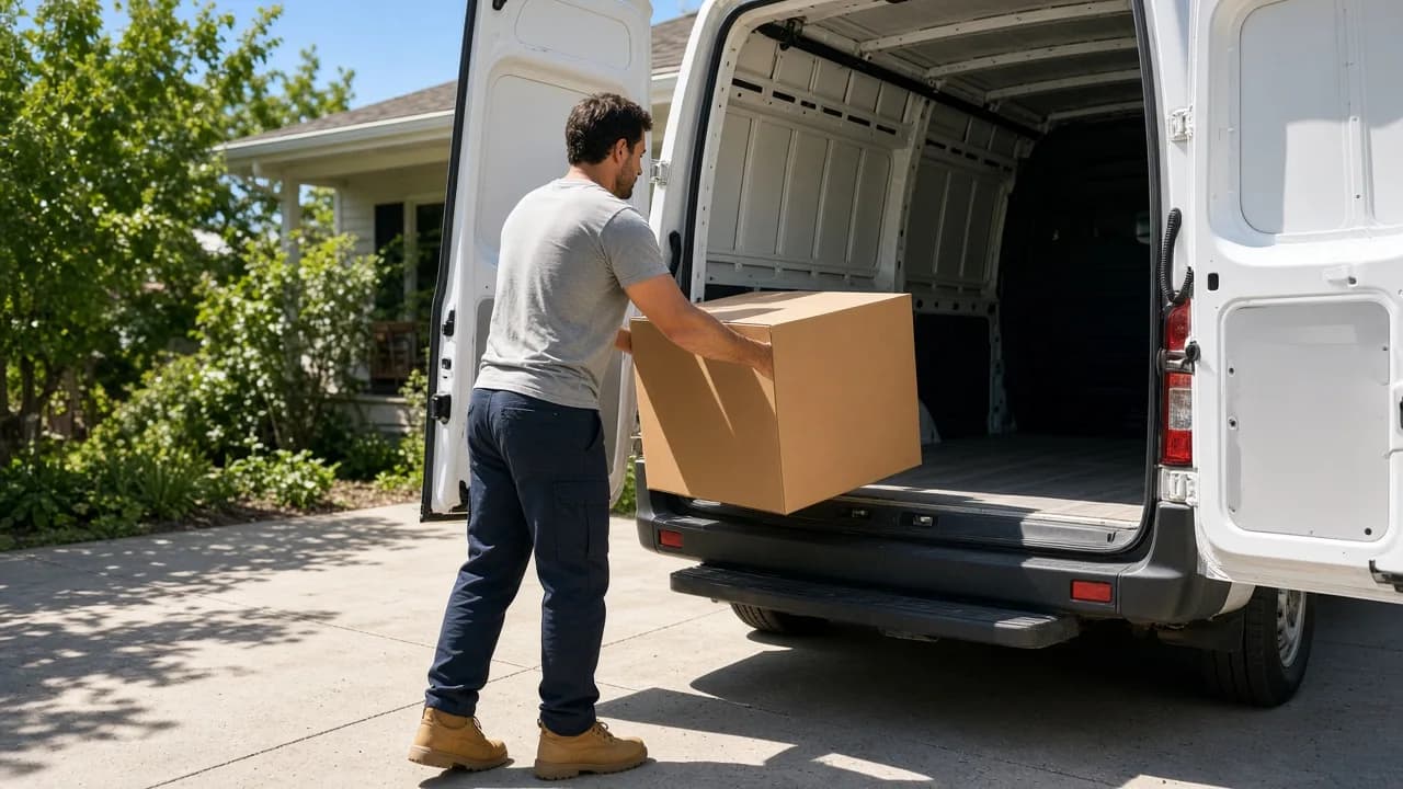 A mover loads a sealed blank box into a plain white van on a sunny driveway.