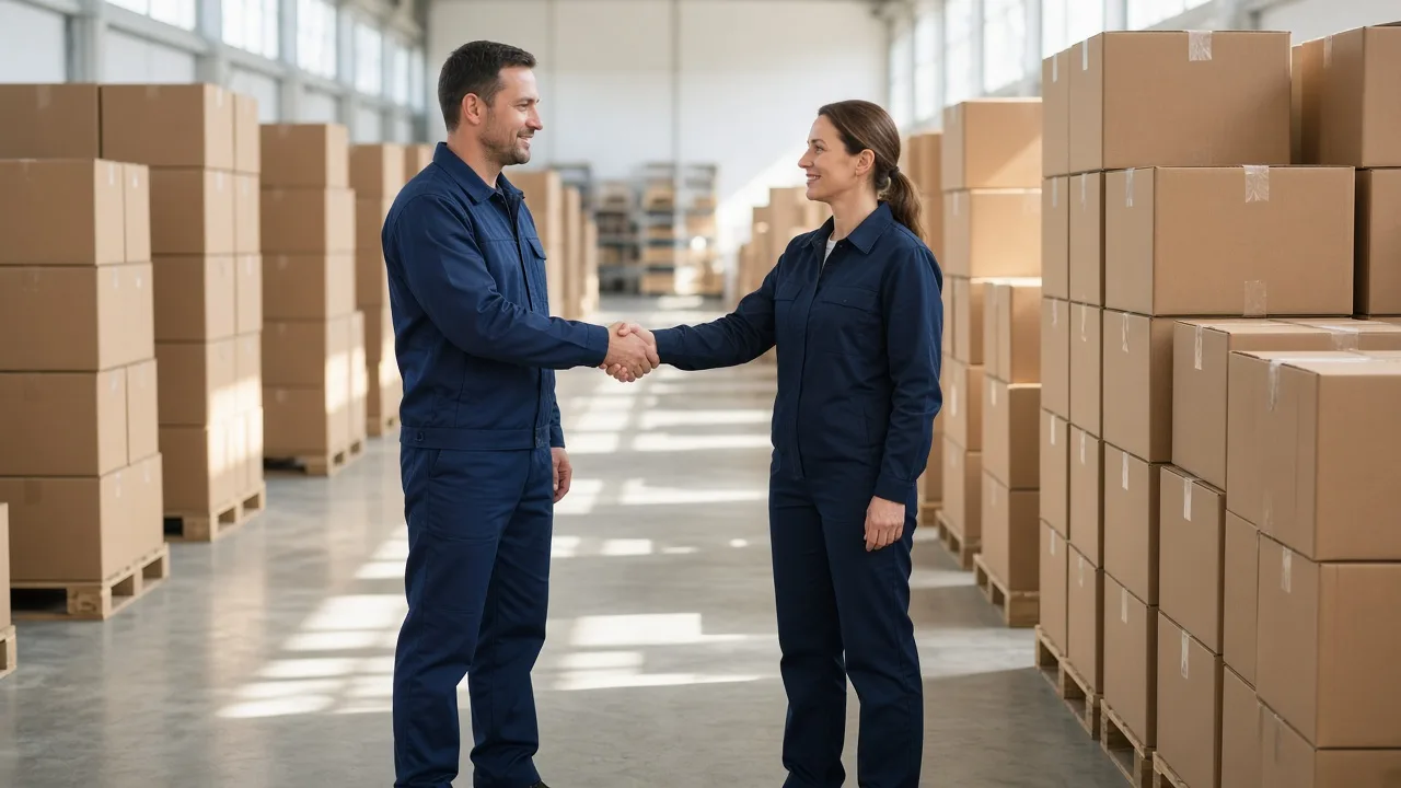 Two moving company representatives shake hands in a sunny warehouse aisle of sealed boxes.