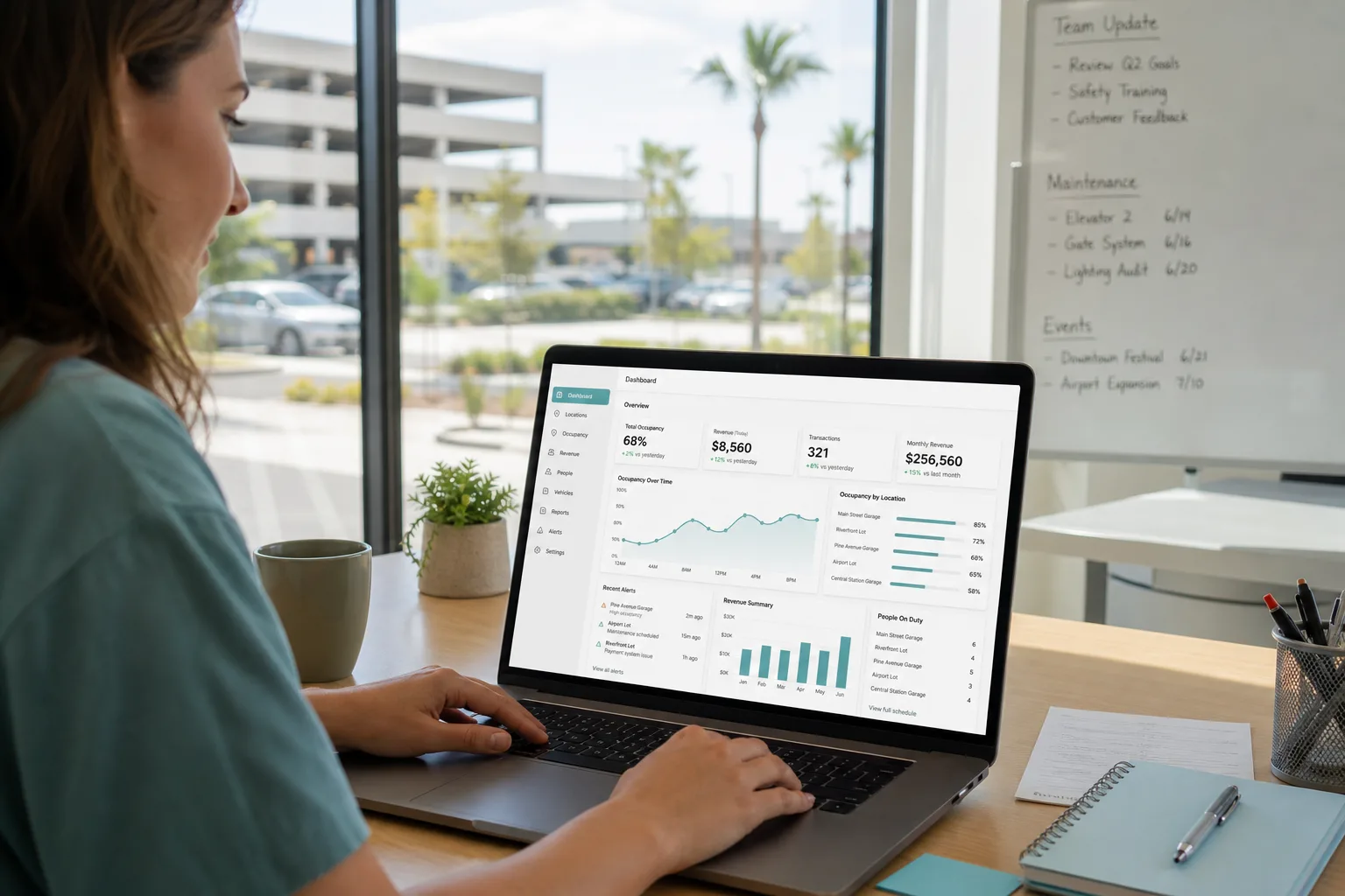 Parking operator management software with revenue tracking and facility oversight