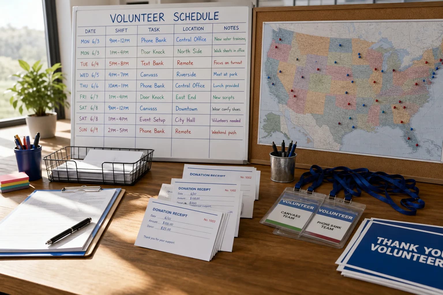 Bright USA civic campaign operations desk with volunteer schedules and fundraising materials