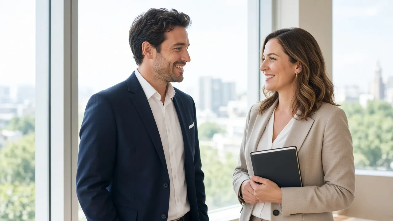 Two professionals stand by a large sunny window holding a closed notebook.