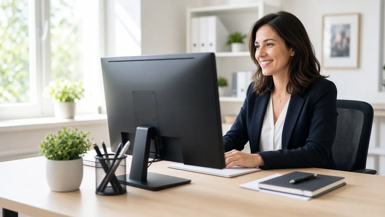 A coordinator works at a sunny desk with a monitor facing away.