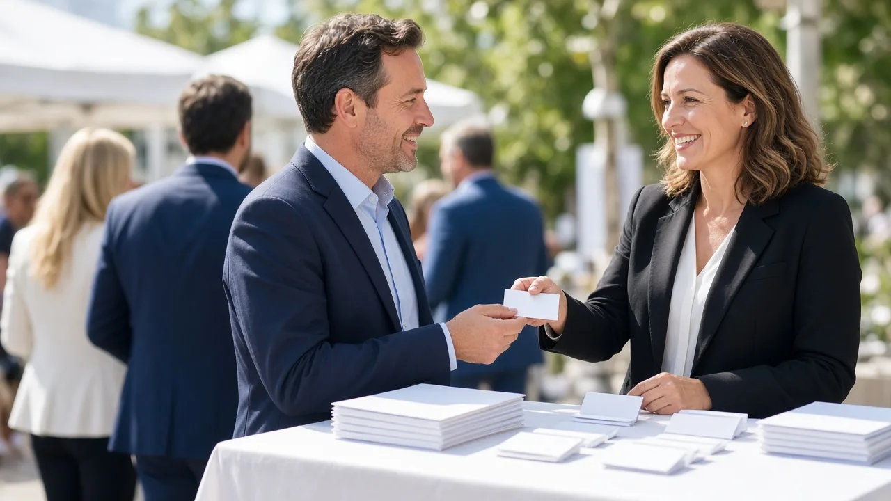 Two people exchange a blank badge at a sunny outdoor registration table.