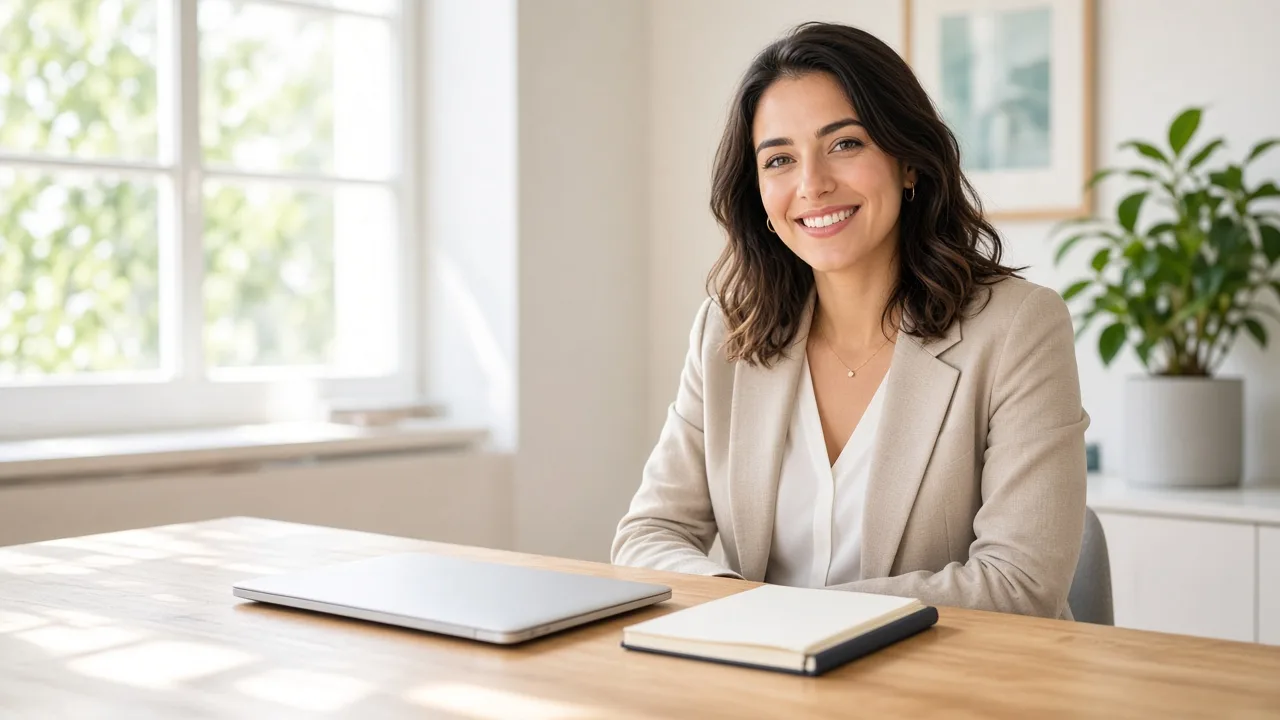 A member sits at a sunny desk with a closed laptop and a plain notebook.