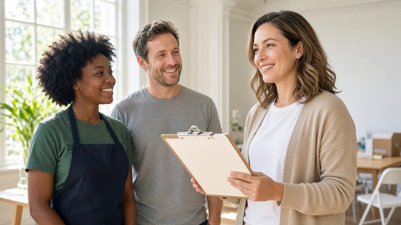 A coordinator holds a blank clipboard while two volunteers stand in a sunny room.