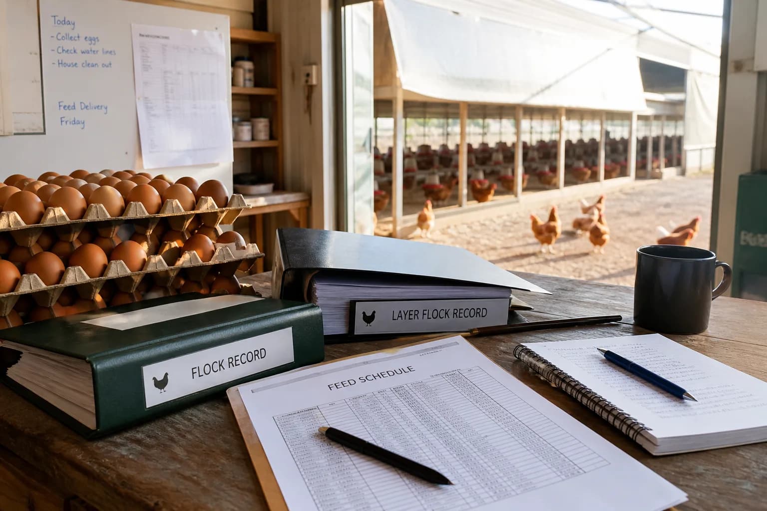 Bright USA poultry farm operations desk with egg crates and flock records