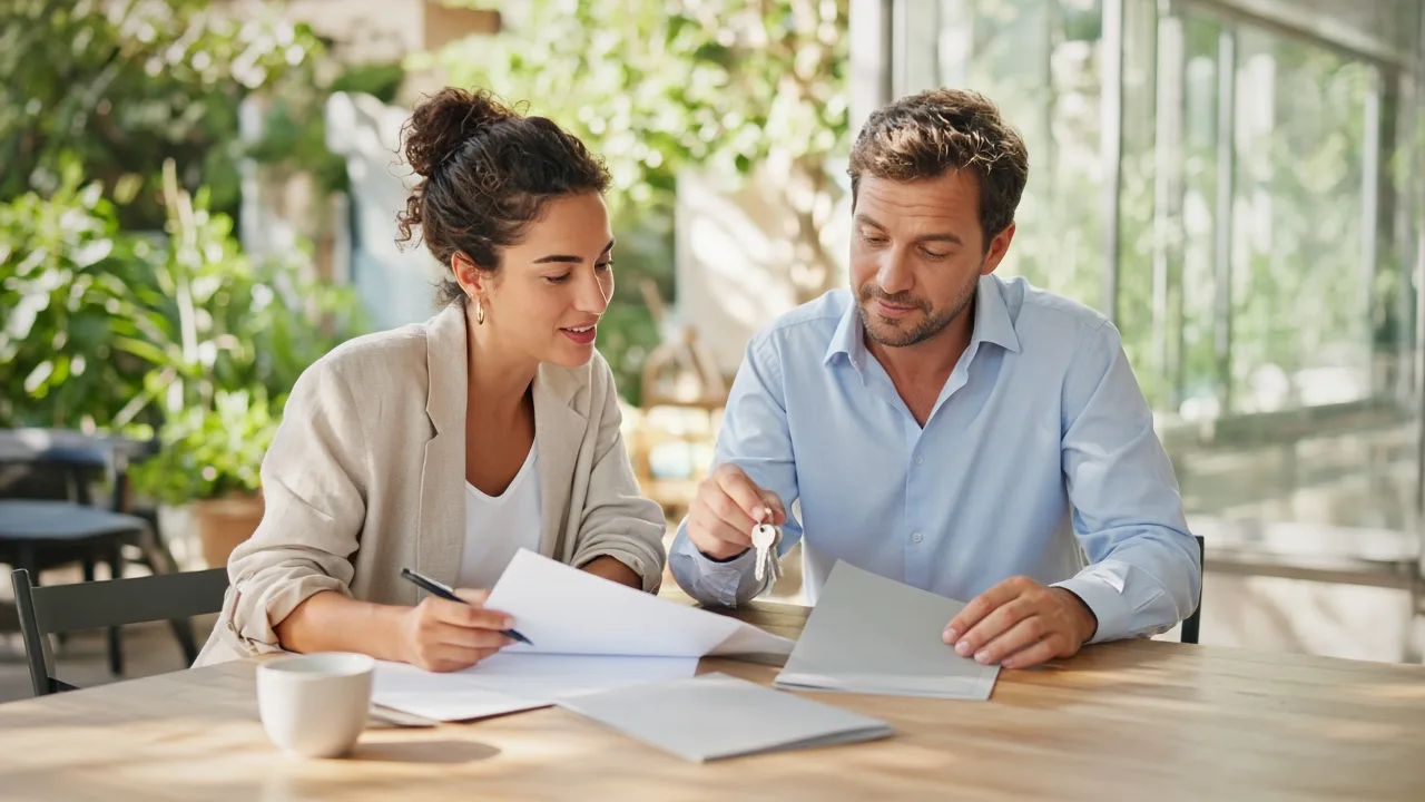 Two colleagues plan with blank folders and keys at a sunny table.