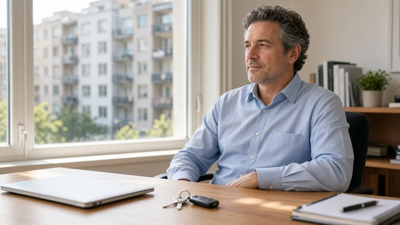 A manager sits at a sunlit desk with a closed laptop and a key ring.
