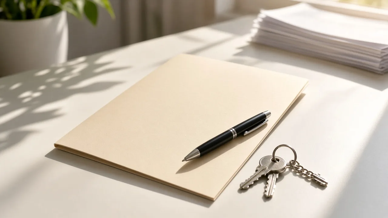 A blank lease folder, a pen, and keys sit on a sunny desk.