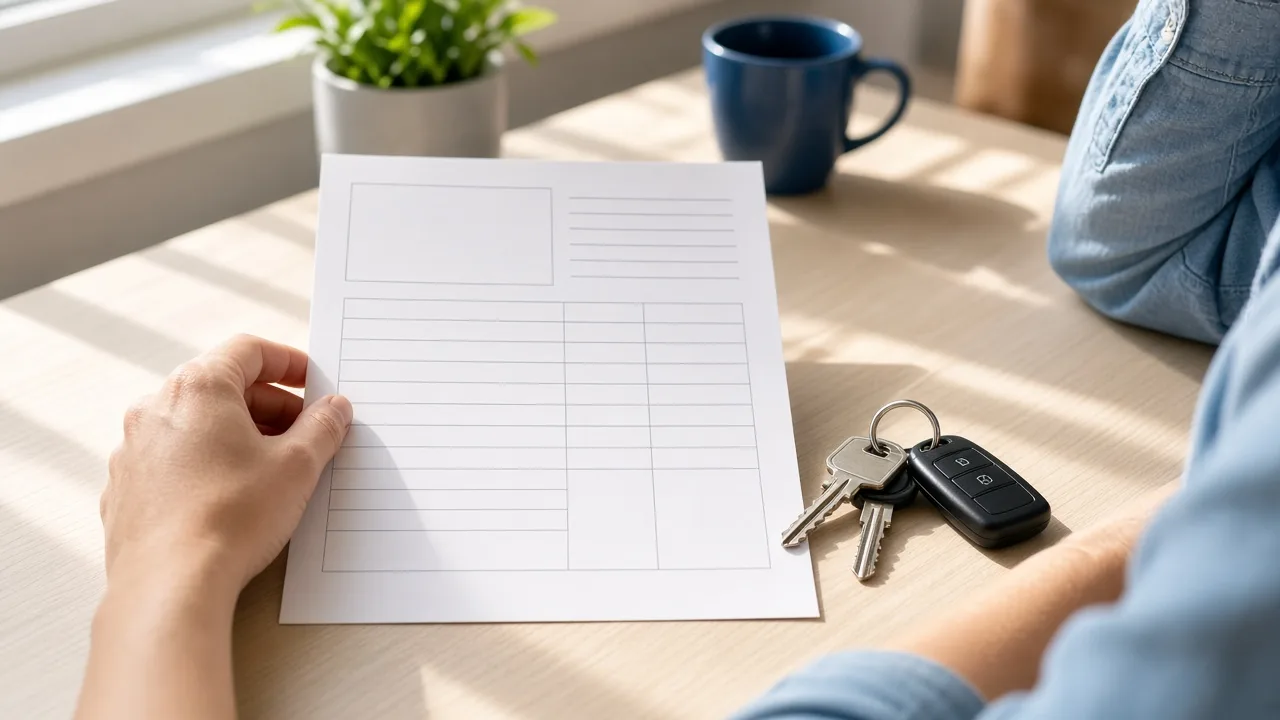 A person reviews a blank page beside house keys at a sunny desk.