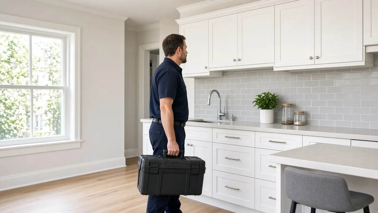 A technician with a toolbox inspects a bright apartment kitchen.