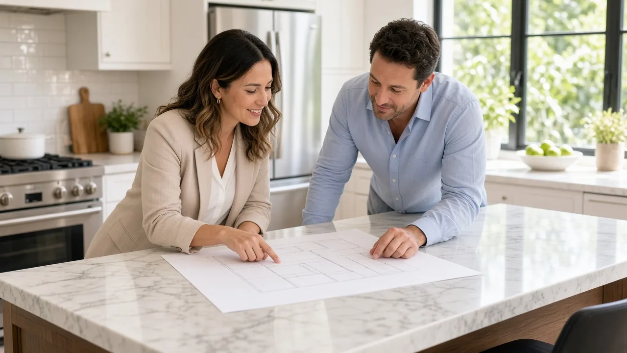An agent and a client review blank floor plan papers at a sunny kitchen island.