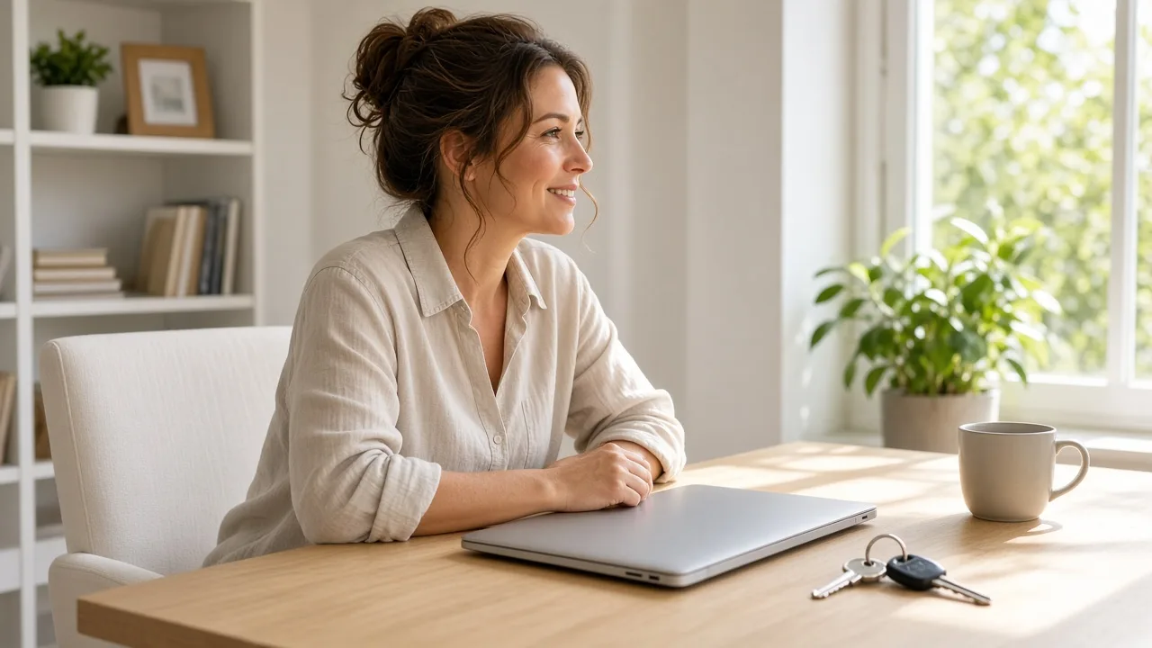A property manager sits at a sunlit desk with a closed laptop and house keys.